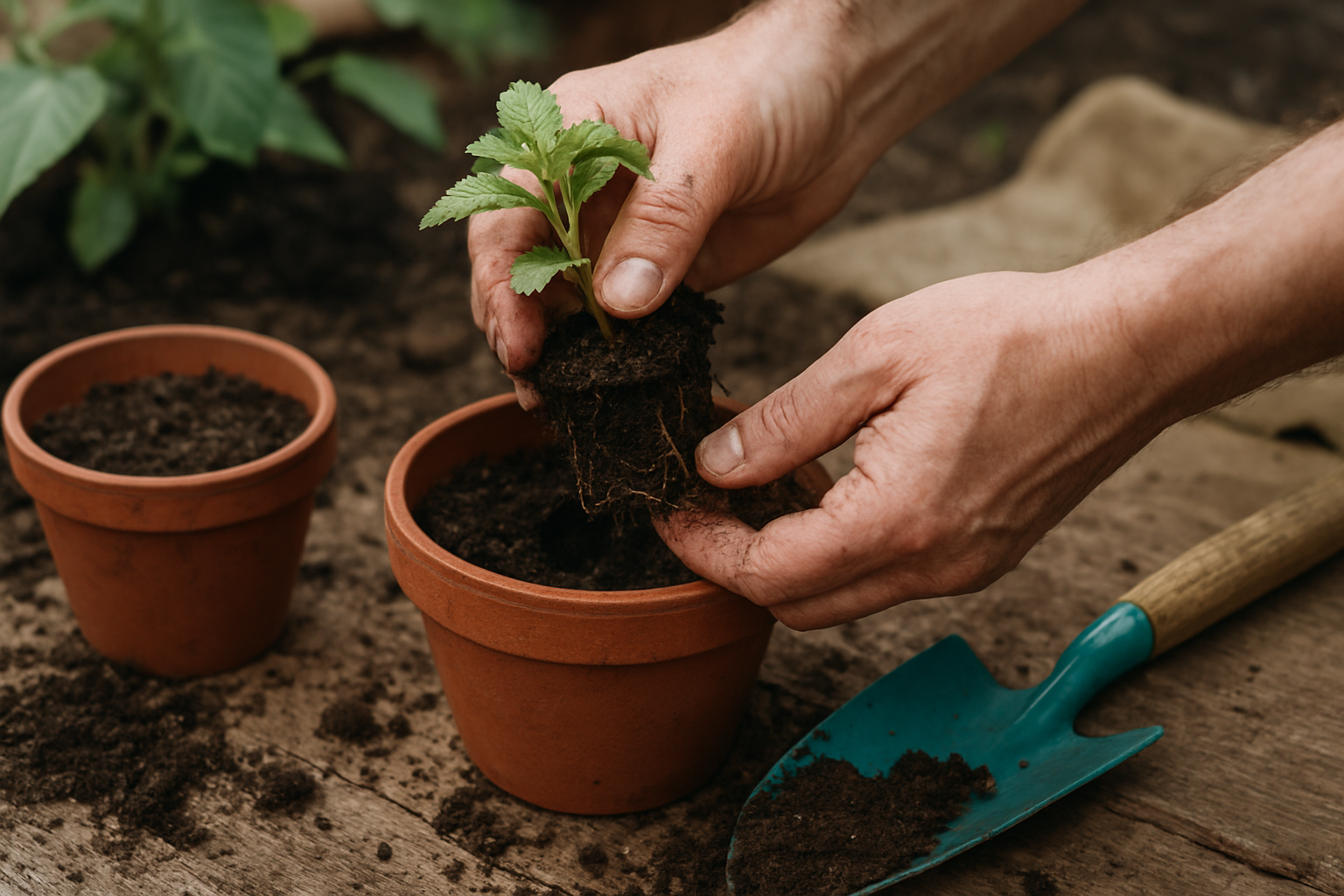 Dłonie przesadzające roślinę w jasnym wnętrzu z widocznymi korzeniami – ilustracja artykułu