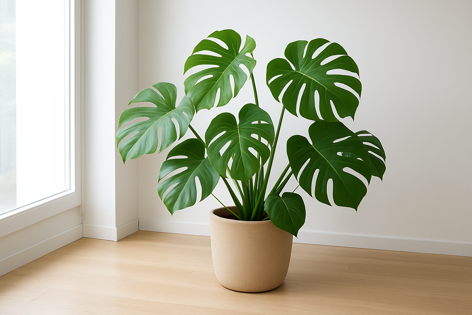 Monstera podczas zmiany miejsca w jasnym wnętrzu – ilustracja artykułu