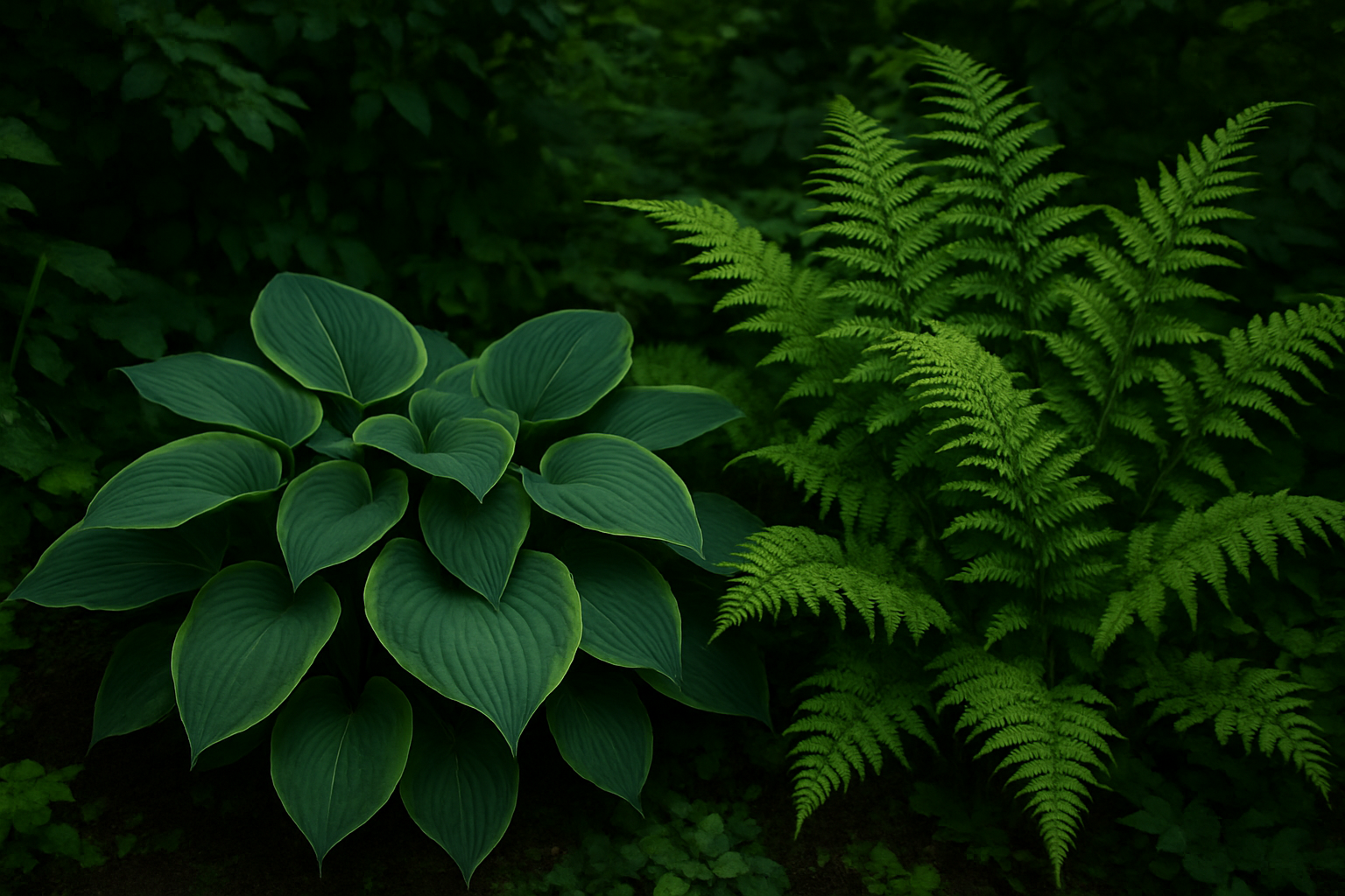 Zestaw roślin do cienia: zamiokulkas, sansewieria, aglaonema i paproć na półce – ilustracja artykułu