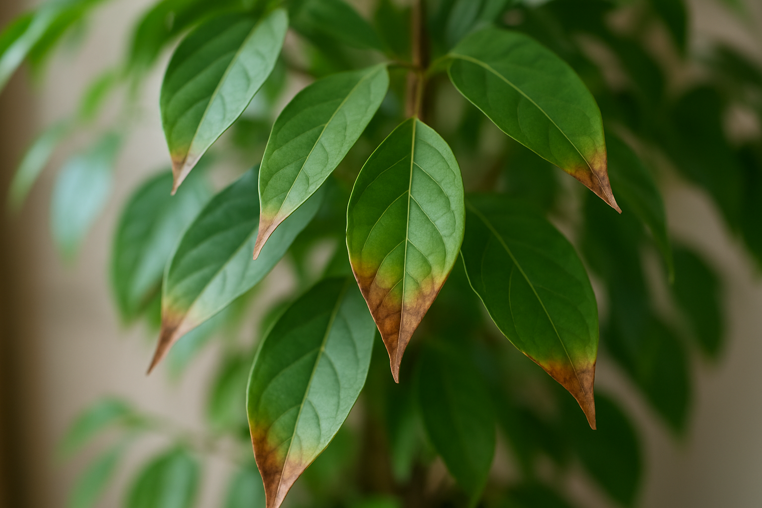 Liść rośliny doniczkowej z suchymi, brązowymi końcówkami – ilustracja artykułu