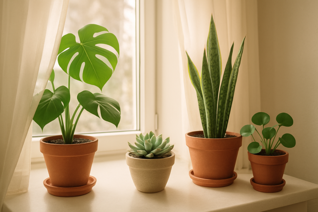 Rośliny doniczkowe na parapecie przy oknie z naturalnym światłem
