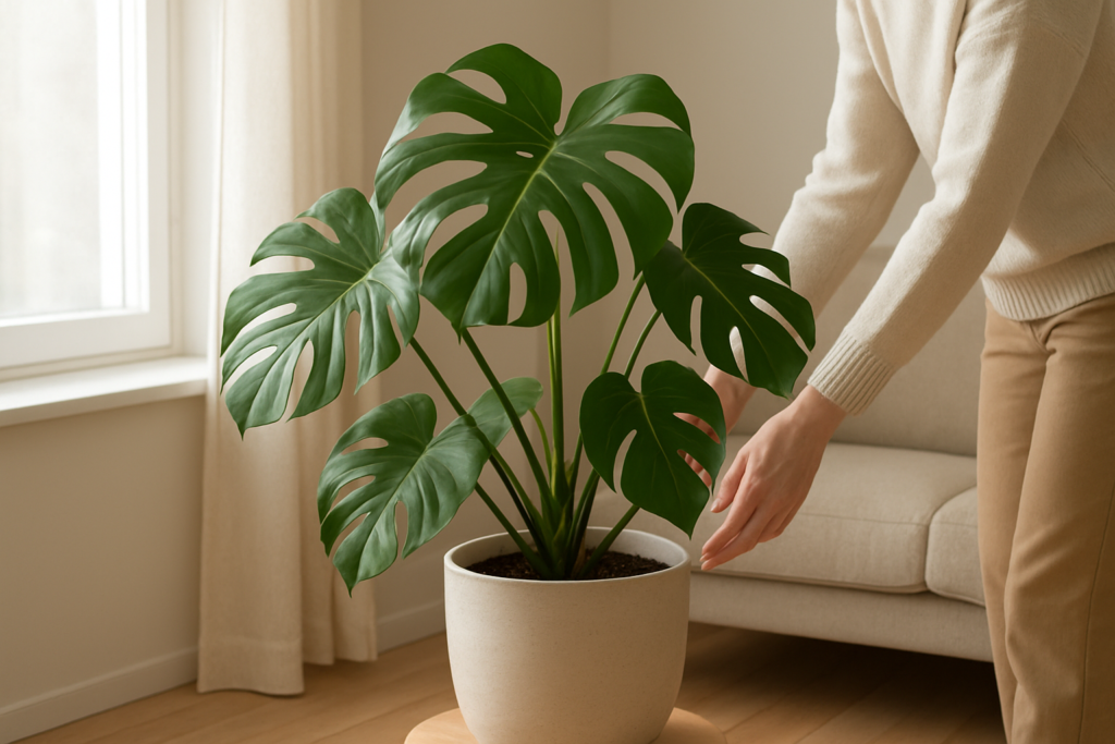 Monstera podczas zmiany miejsca w jasnym wnętrzu