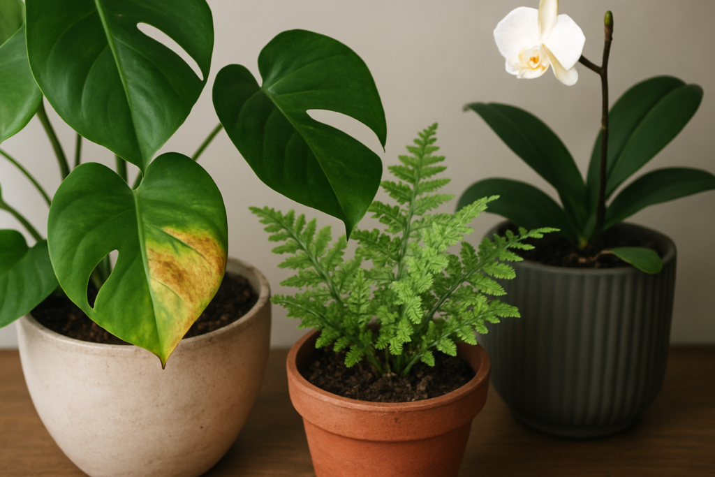 Zestaw roślin doniczkowych z objawami stresu i zdrowymi liśćmi