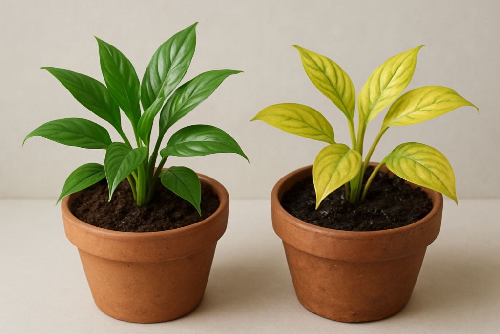 Porównanie zdrowej i przelanej rośliny w doniczce