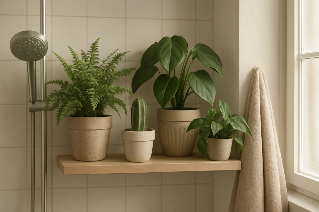 Doniczki z roślinami w łazience, paproć i przemoczone rośliny