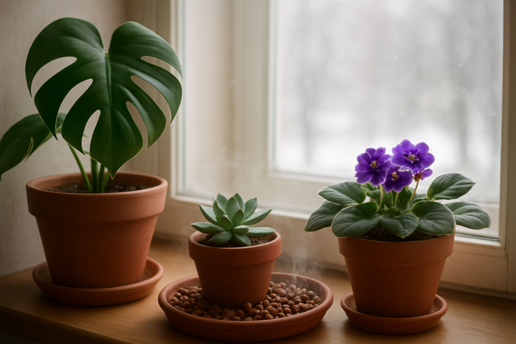 Rośliny doniczkowe przy oknie zimą, monstera i sukulent