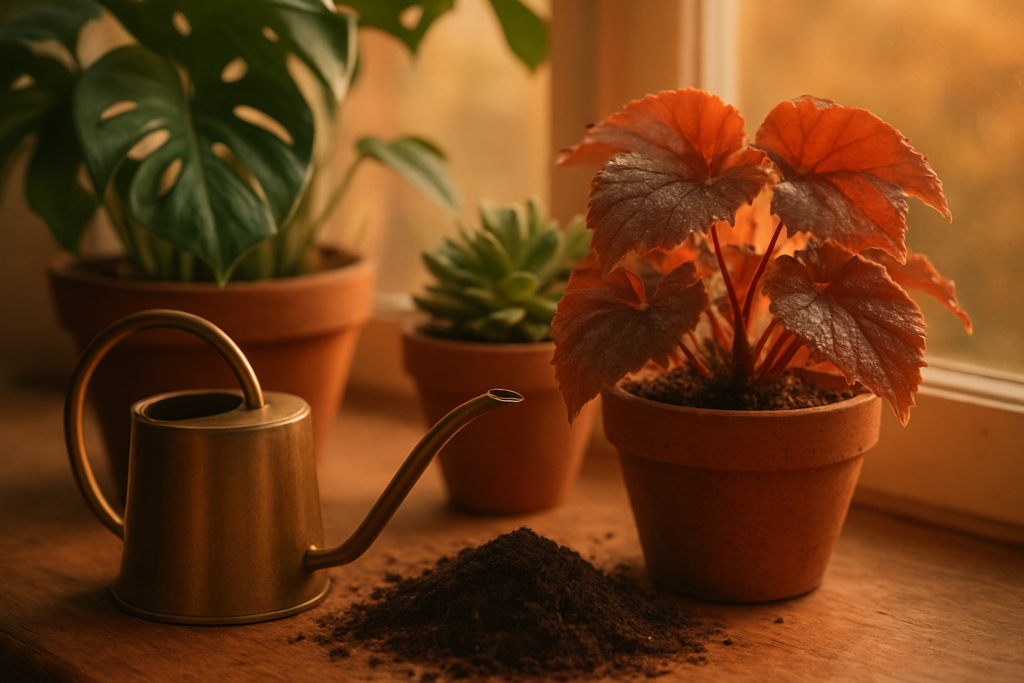 Jesienne podlewanie roślin: konewka, doniczki i wilgotna ziemia