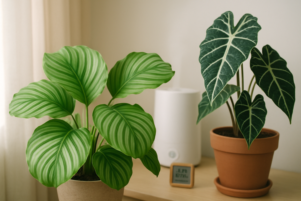 Calathea i Alocasia w stabilnym, jasnym wnętrzu z higrometrem