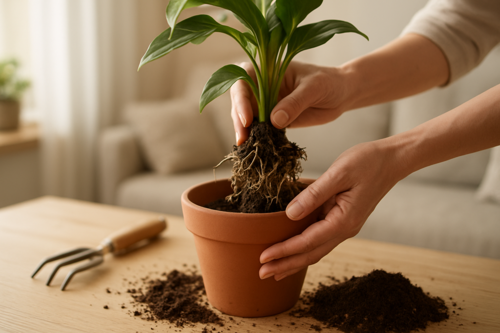 Dłonie przesadzające roślinę w jasnym wnętrzu z widocznymi korzeniami
