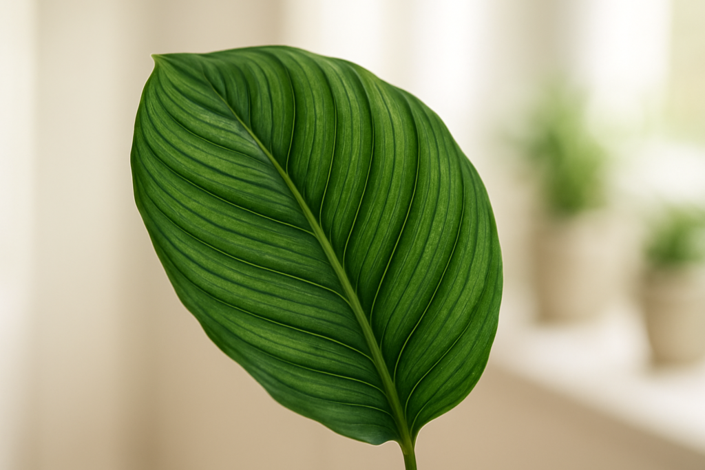 Zbliżenie na delikatny liść Calathei w jasnym wnętrzu