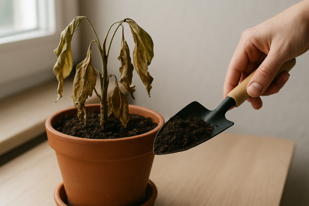 Osłabiona roślina doniczkowa podczas pielęgnacji i przesadzania