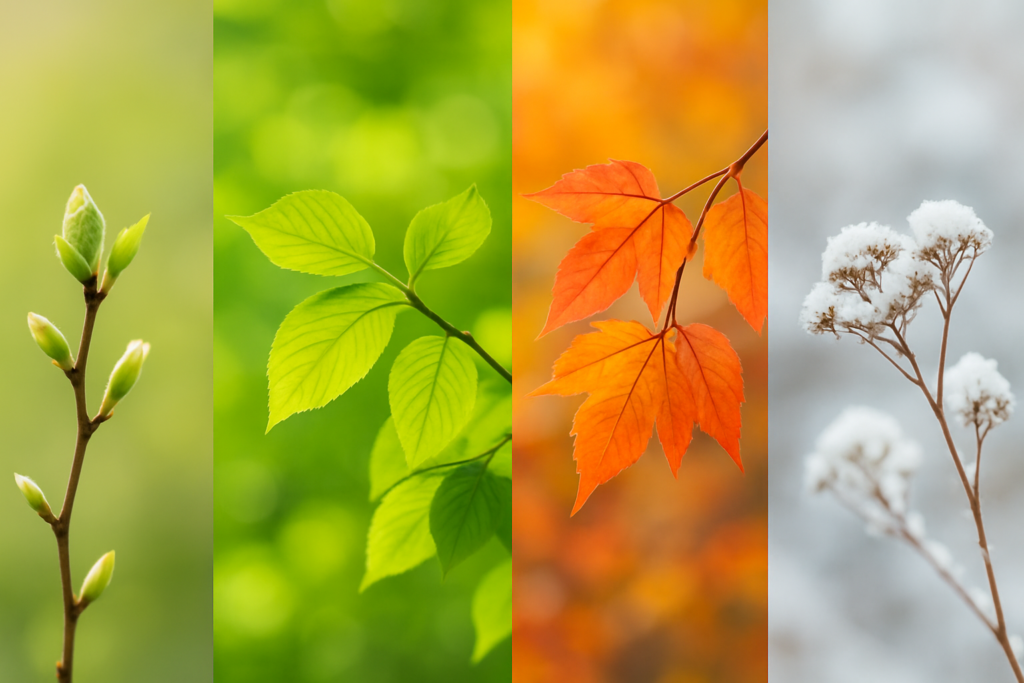Cztery pory roku w ogrodzie pokazujące zmiany kondycji roślin