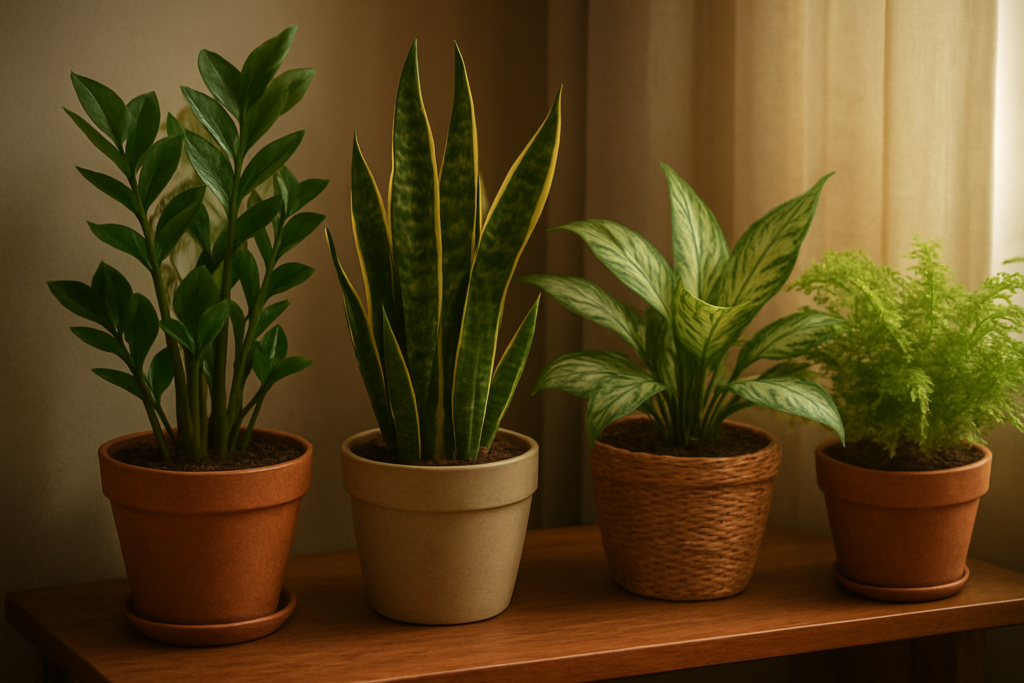 Zestaw roślin do cienia: zamiokulkas, sansewieria, aglaonema i paproć na półce