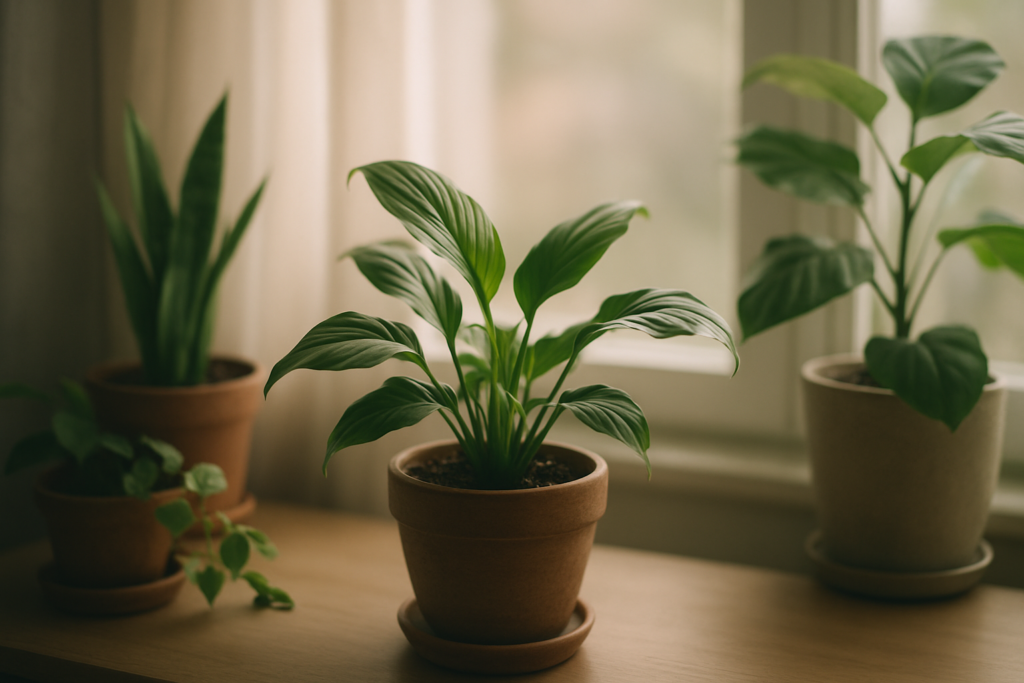 Domowe rośliny doniczkowe przy oknie w spokojnym świetle