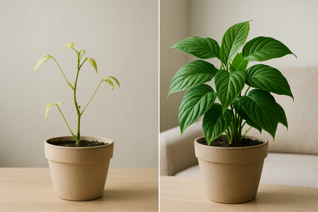 Porównanie rośliny zatrzymanej w rozwoju i zdrowej w domowym wnętrzu