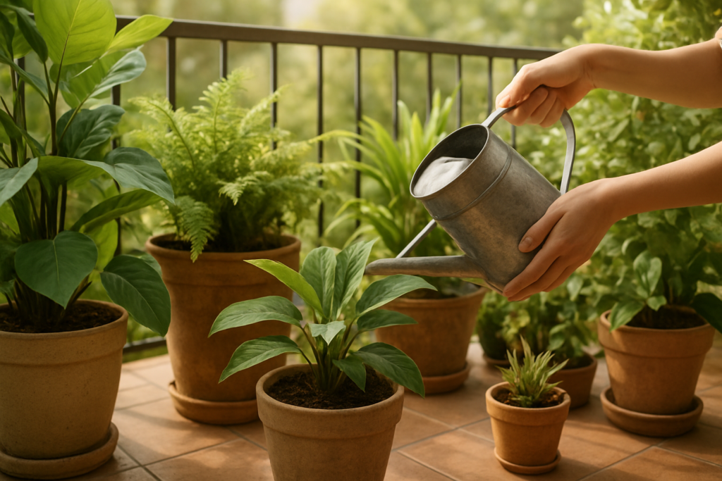 Rośliny doniczkowe na balkonie latem, podlewane w rozproszonym świetle