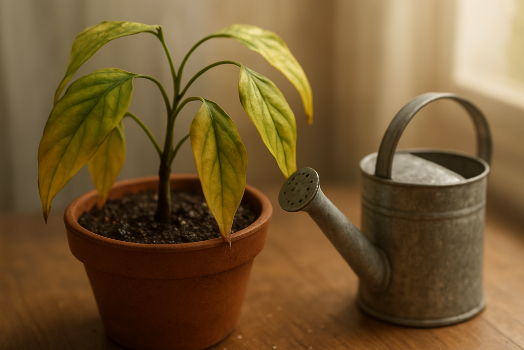 Roślina doniczkowa z wiotkimi liśćmi i wilgotną glebą