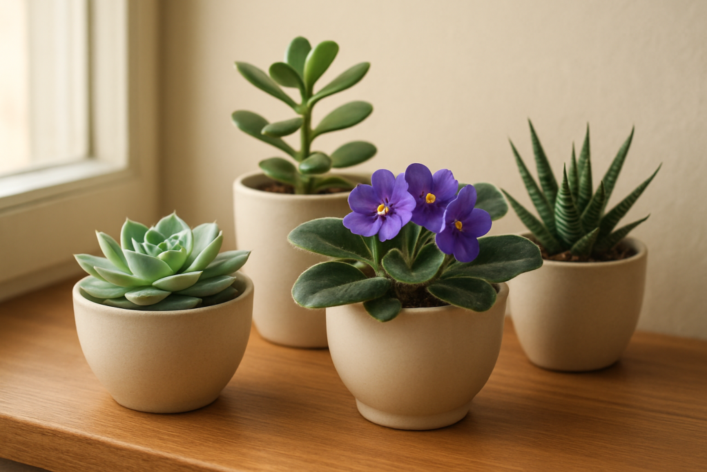 Rośliny w małych doniczkach na parapecie