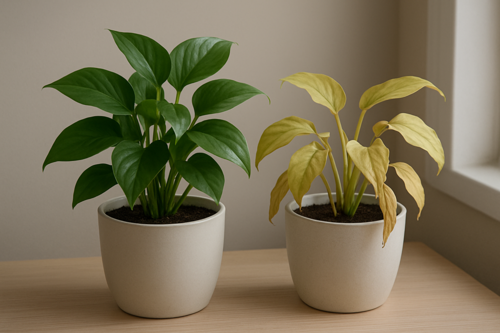 Zdrowa i chorująca roślina obok siebie pokazująca różnicę