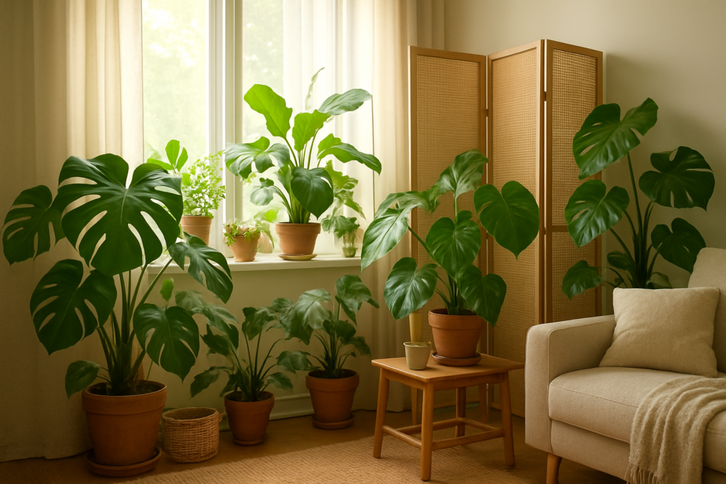 Rośliny przy oknie chronione przed przeciągiem parawanem