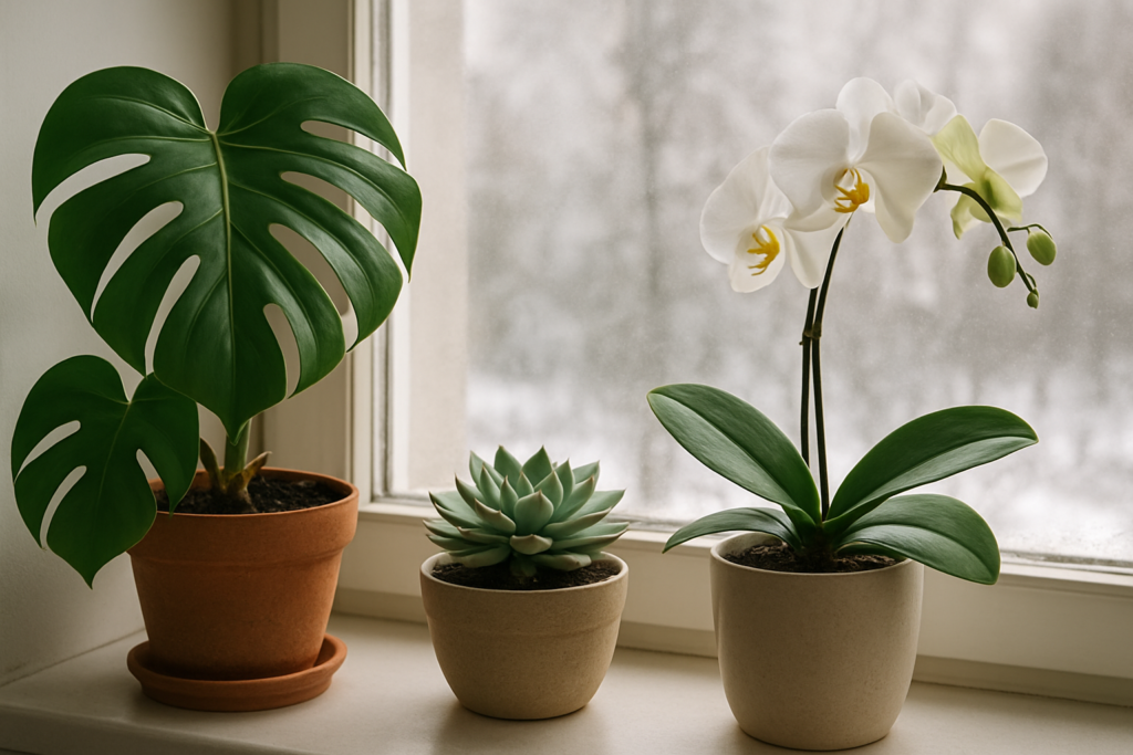 Rośliny domowe na parapecie zimą z nawilżonym powietrzem