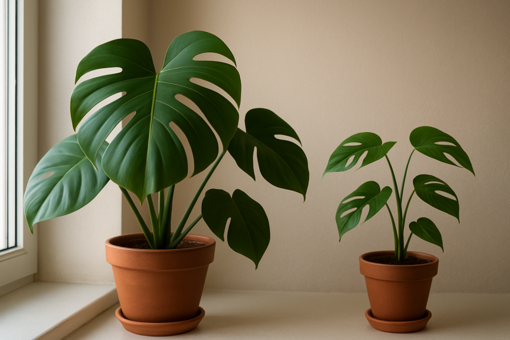 Porównanie liści rośliny w jasnym świetle i w półcieniu