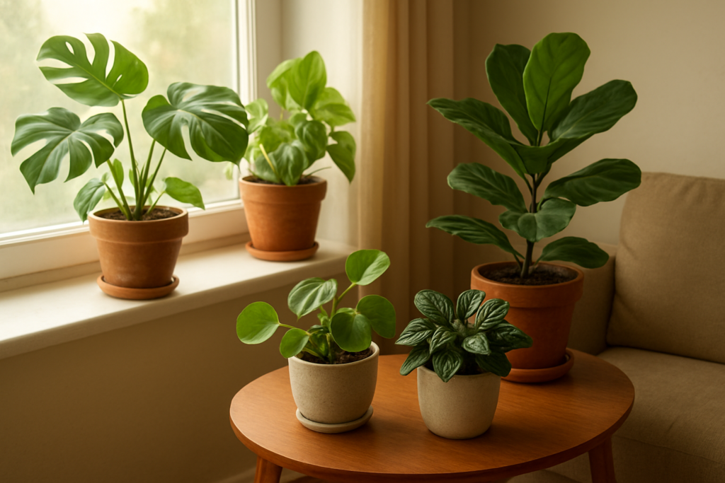 Rośliny doniczkowe w jasnym wnętrzu, skupienie na zdrowych liściach