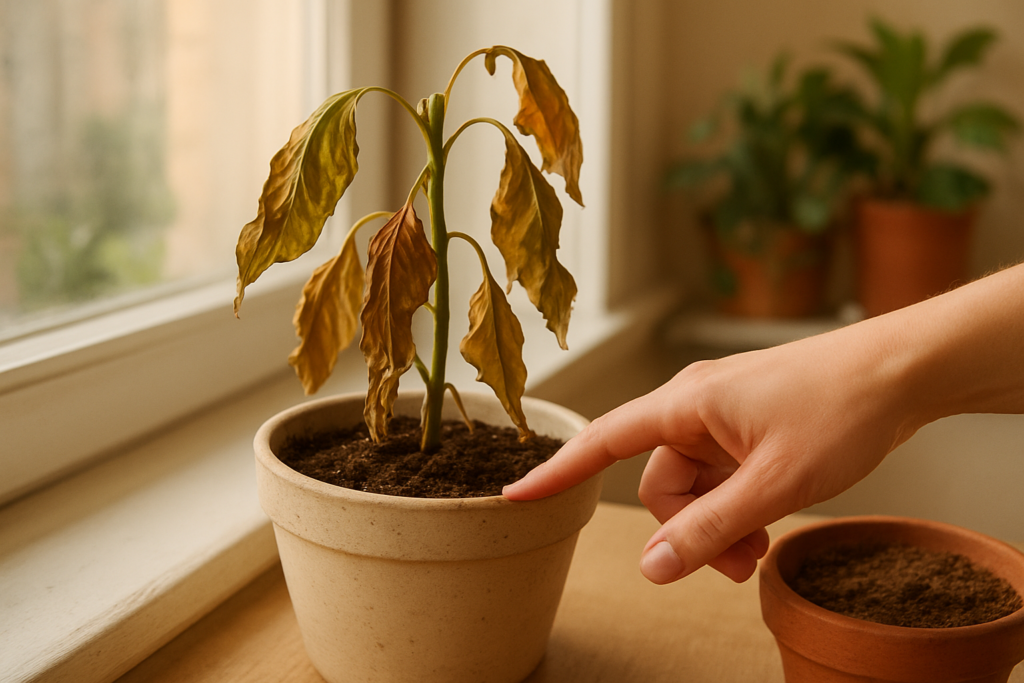 Zwiędłe liście rośliny doniczkowej na parapecie