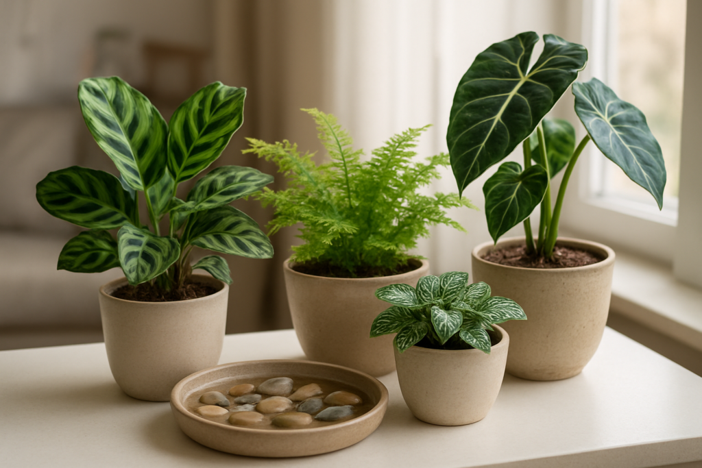 Grupa roślin tropikalnych na tacce z kamykami i wodą na jasnym parapecie