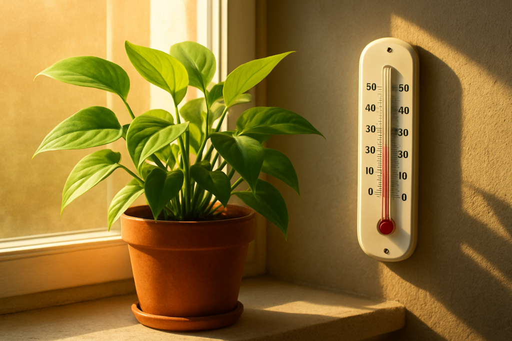 Roślina doniczkowa przy oknie z termometrem pokazującym różnicę temperatur