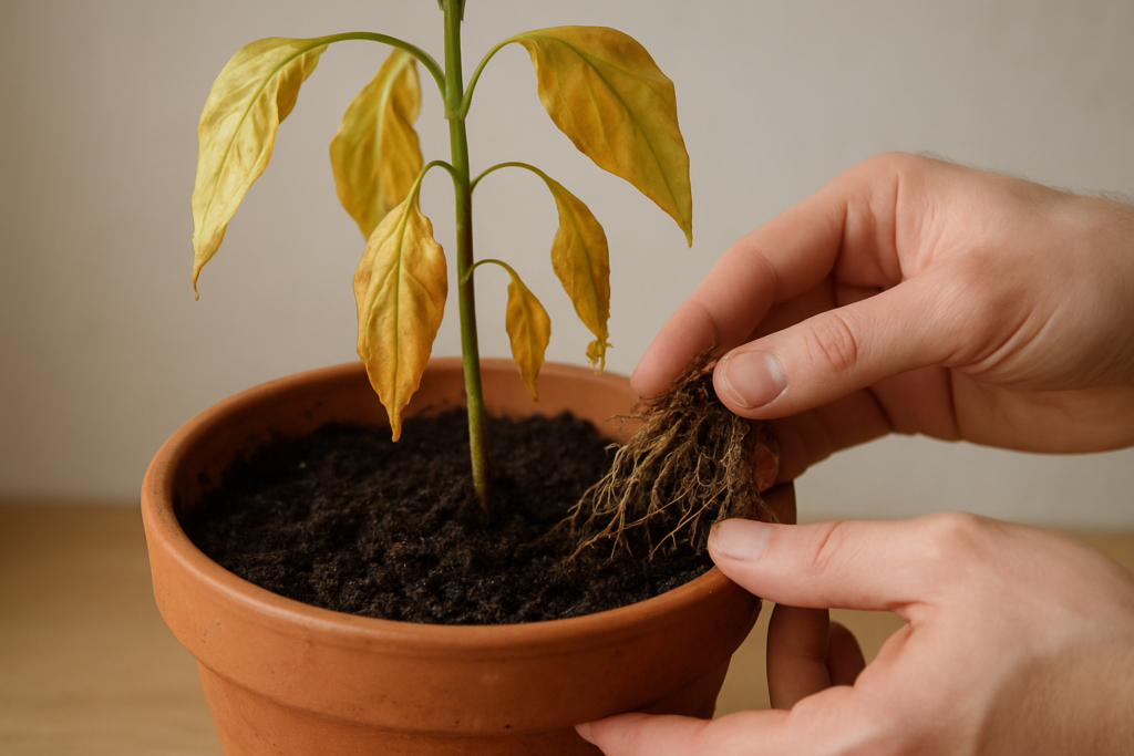 Przelana roślina z żółtymi liśćmi i wilgotną ziemią