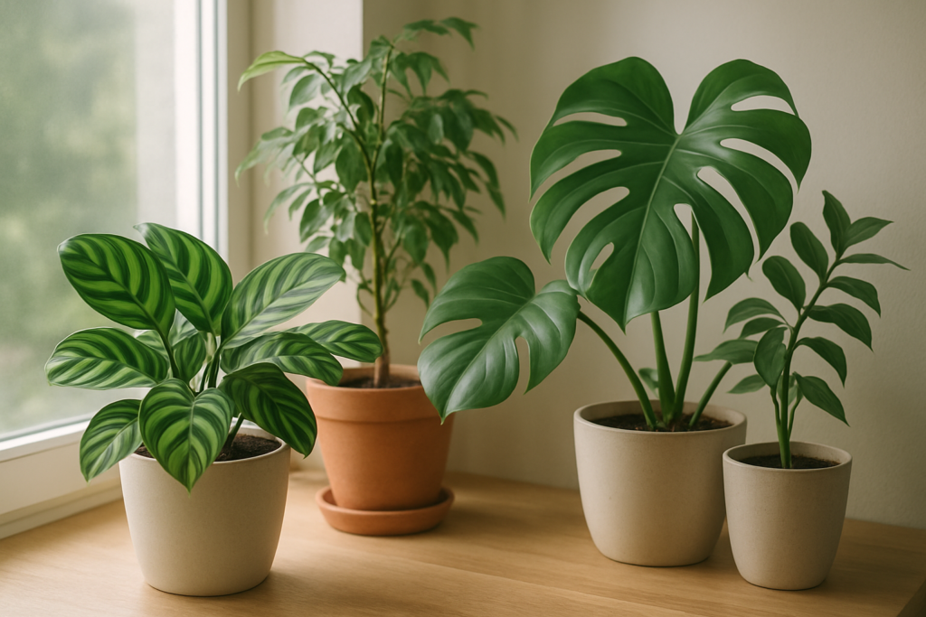 Domowe rośliny ustawione stabilnie przy oknie: Calathea, Monstera i Ficus